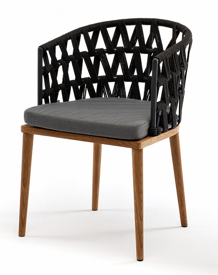 "Диего" стул плетеный из роупа, основание дуб, роуп темно-серый круглый, ткань серая 