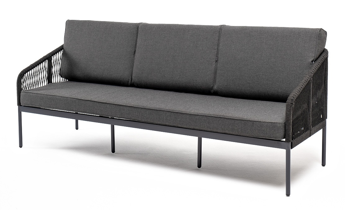 "Канны" диван 3-местный плетеный из роупа, каркас алюминий темно-серый (RAL7024) шагрень, роуп темно-серый круглый, ткань Savana Grafit
