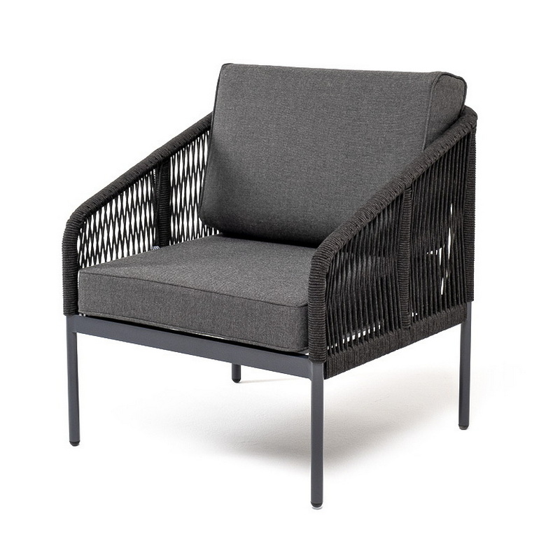 "Канны" кресло плетеное из роупа, каркас алюминий темно-серый (RAL7024) шагрень, роуп темно-серый круглый, ткань Savana Grafit