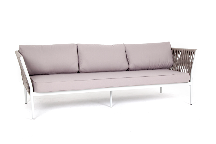 "Касабланка" диван 3-местный плетеный из роупа, каркас алюминий белый, роуп бежевый 20мм, ткань бежевая