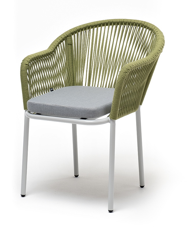 "Лион" стул плетеный из роупа, каркас из стали светло-серый (RAL7035) шагрень, роуп салатовый меланж круглый, ткань светло-серая