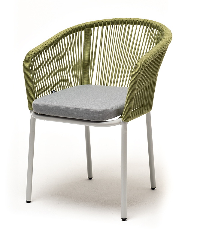 "Марсель" стул плетеный из роупа, каркас алюминий светло-серый (RAL7035) шагрень, роуп салатовый меланж круглый, ткань светло-серая	