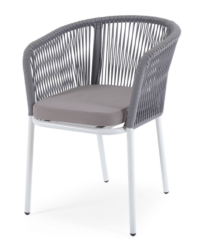 "Марсель" стул плетеный из роупа, каркас алюминий белый шагрень, роуп светло-серый круглый, ткань Neo ash