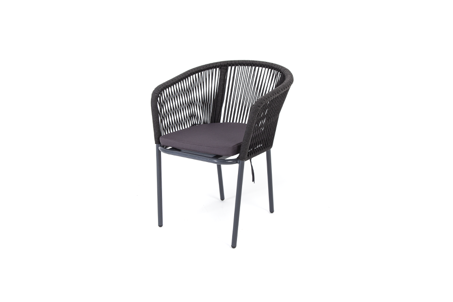 "Марсель" стул плетеный из роупа, каркас алюминий серый (RAL7022), роуп темно-серый круглый, ткань серая